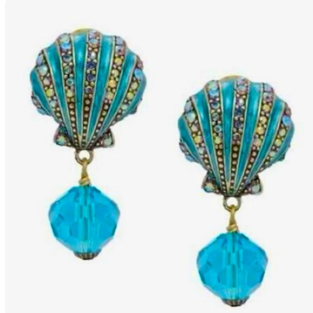 NWOT Heidi Daus Elegant Crystal and Enamel Blue Shell Omega Back Earrings - Picture 1 of 8
